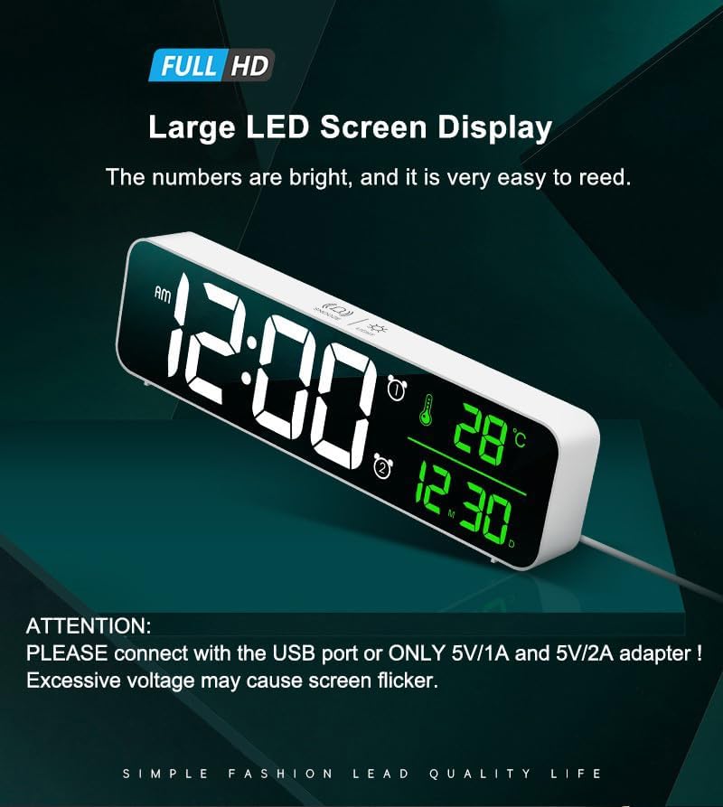 Digital Clock, Clock for Bedroom, Clocks for Living Room Decor, Desk Table Clock, Alarm Clock Large Display with Date Week Temperature, Automatic Brightness Dimmer, Smart Cool Modern (White Green)