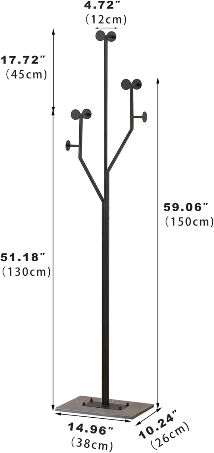 Freestanding Coat Rack Tree-shaped Metal Coat Tree with Heavy Duty Marble Base Corner Clothing Rack for Bedroom Entryway Hallway 14.96 x 10.24 x 68.9 Inches (Black) - Lumora Desk