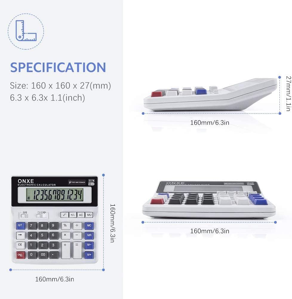 Calculators Desktop,ONXE 12 Digit Large Number LCD Display Office Desk Calculator, Two Way Power Battery and Solar,Big Button Standard Basic 4 Function Basics Calculators for Office Financial