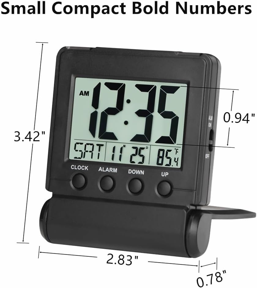 FAMICOZY Small Folding Digital Travel Alarm Clock with Day/Month/Date/Indoor Temperature,Easy to Read and Set,High/Low Alarm Volume,9 Min Snooze,Backlight on Demand,Bedside Calendar Alarm Clock,Black