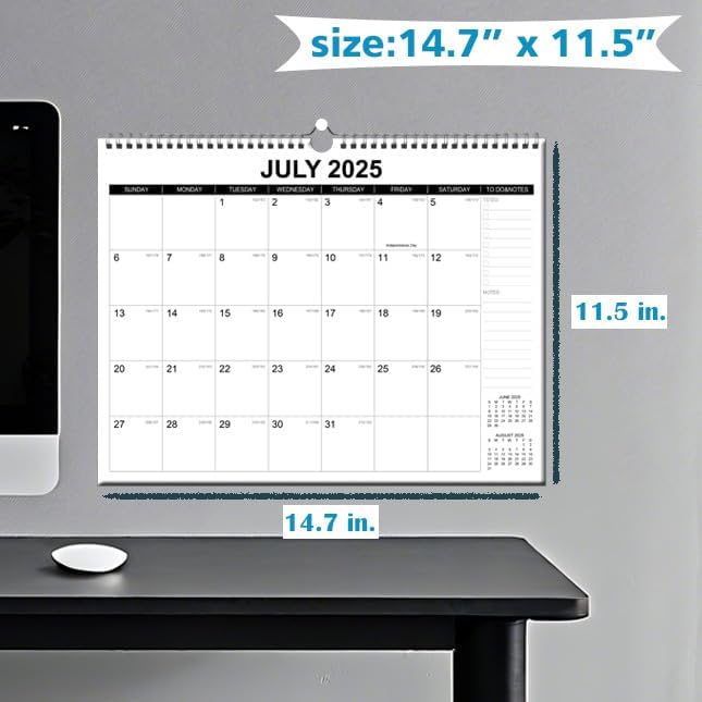 Wall Calendar 2025-2026, Monthly Table Calendar July 2025 to December 2026, 18 Months Screw Wall Calendar, 14.7"x11.5", For Home, Office, School, and Julian Date (Black & White, 14.7x11.5 inch)
