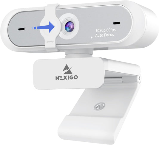 NexiGo N660P (Gen 2) 1080P 60FPS Webcam with Software Control, Dual Microphone & Cover, Autofocus, HD USB Computer Web Camera, for OBS/Zoom/Skype/FaceTime/Teams/Twitch, White