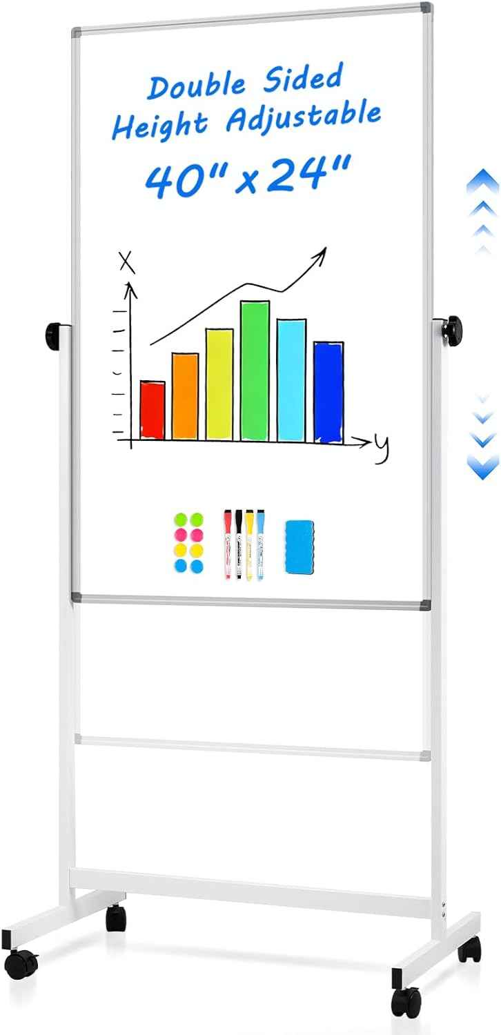 Rolling Whiteboard, 40" x 24" Magnetic Mobile White Board on Wheels, Double Sided, Height Adjustable Aluminum Frame Dry Erase Board with Stand for Office, Home, Classroom