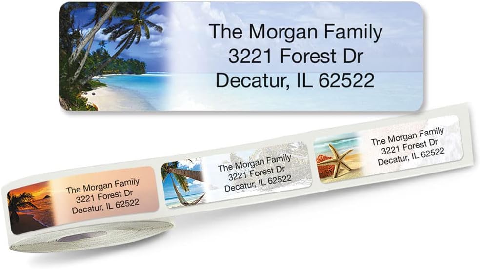 Colorful Images Tropical Paradise Rolled Personalized Return Address Mailing Labels with Dispenser, Customize with Name & Shipping Address, 250 ¾” x 2½” Self Adhesive, Easy Peel Label Roll - Lumora Desk
