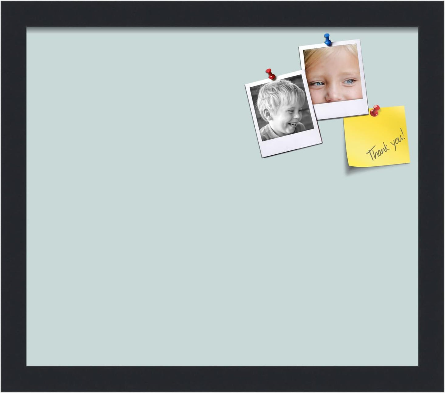 PinPix 15x13 Inch Cork Bulletin Board. This Decorative Framed Pin Board Comes with Soft Blue Design and a Satin Black Frame. Ideal for Home Office Decor or Message Board (PinPix-1814)