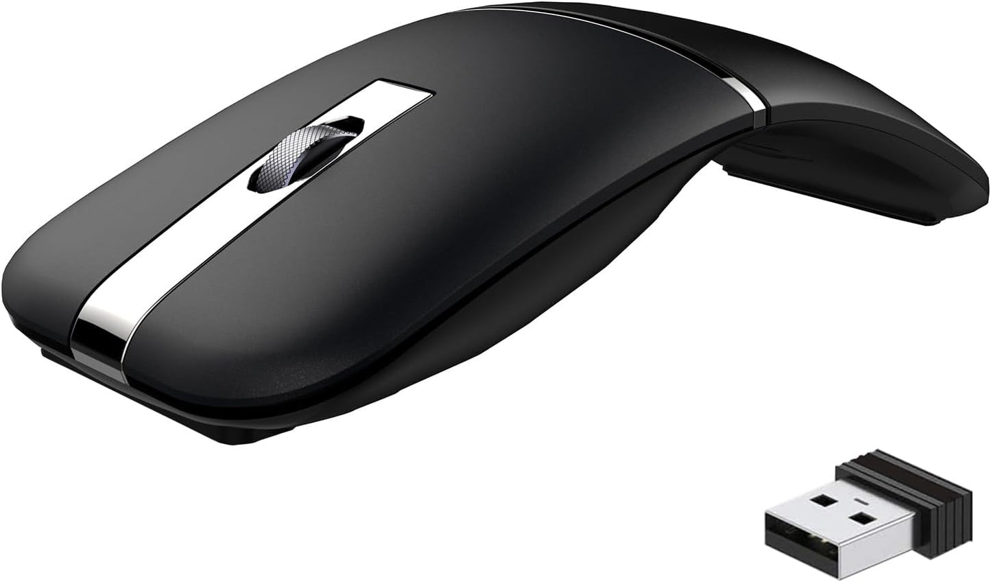 Bluetooth Wireless Arc Travel Mouse, Dual Model (2.4G+BT5.1) Rotating Foldable Mouse for Microsoft, Rechargeable Slim Portable Mice for Laptop, Notebook, PC, MacBook, Chromebook, Lenovo - Black