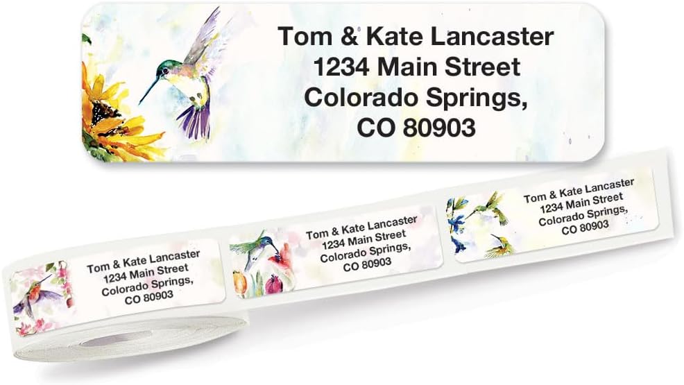 Colorful Images Fluttering Hummingbirds Rolled Personalized Return Address Mailing Labels with Dispenser, Customize with Name & Shipping Address, 500 ¾” x 2½ Self Adhesive, Easy Peel Label Roll - Lumora Desk