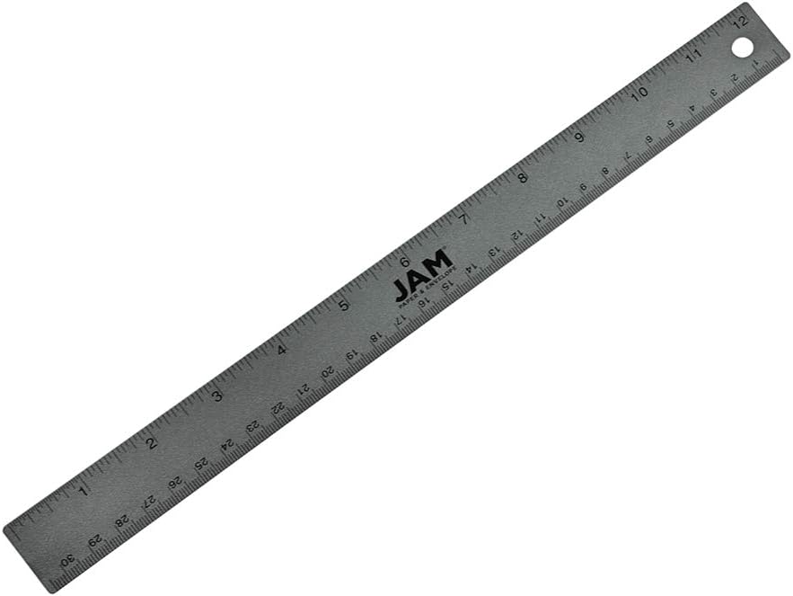 JAM PAPER Strong Aluminum Ruler - 12 Inch - Metal Ruler with Non-Skid Cork Backing - Grey Metallic - Sold Individually