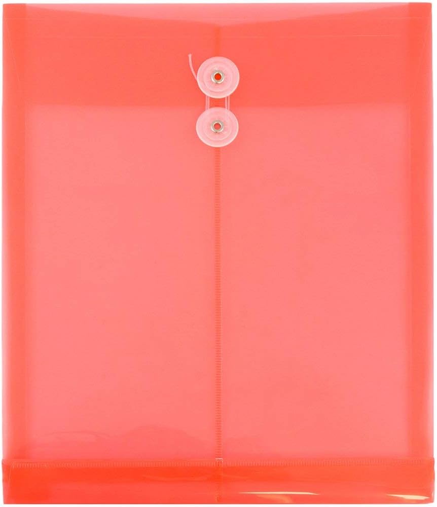 JAM PAPER Plastic Envelopes with Button & String Tie Closure - Letter Open End - 9 3/4 x 11 3/4 - Red - 12/Pack
