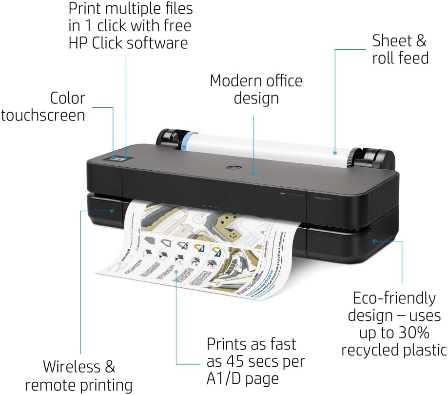 HP DesignJet T210 Large Format 24-inch Plotter Printer, with Modern Compact Design (8AG32D) - New Model