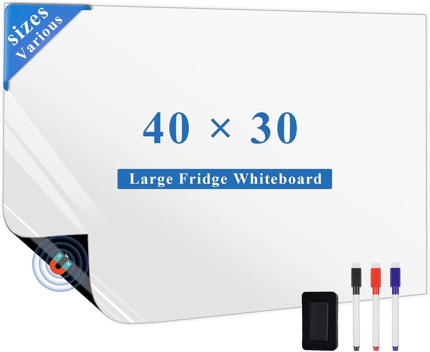Magnetic Fridge White Board Paper, 40" x 30" Large Dry Erase Board Sheet for Organizer and Planner, Kitchen Refrigerator Whiteboard for Family to-do List, Includes Markers and Eraser