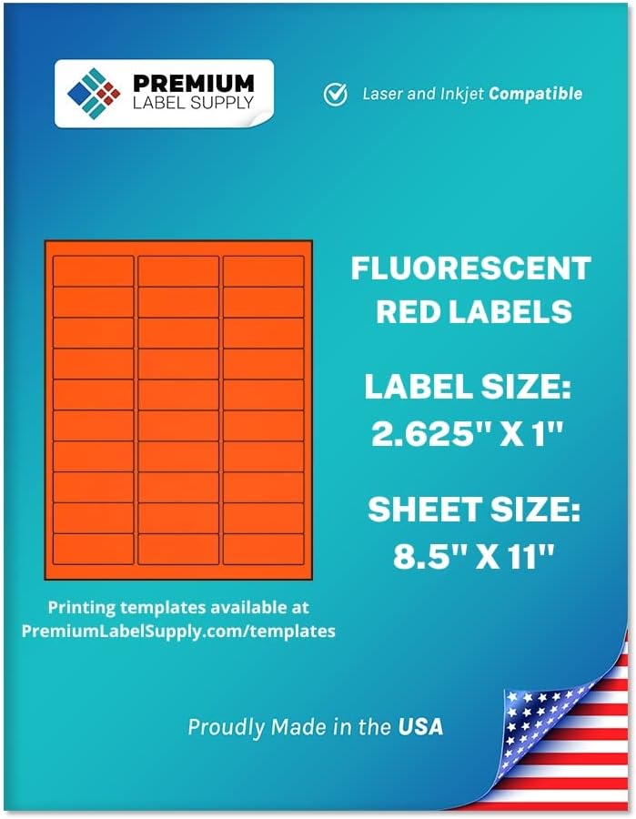 Premium Label Supply Bright Neon Color Fluorescent Stickers - 2.625" x 1" Address Labels - (Fluorescent Red, 15000 Labels)
