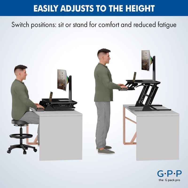 38″ Wide Standing Desk Converter – Sit-to-Stand Workstation for Dual Monitors, Height Adjustable Up to 17.3″ with Large Keyboard Tray – Black