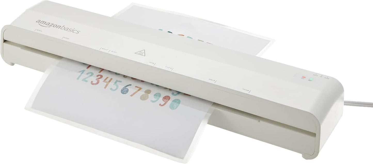 Amazon Basics 12 inch Thermal Laminator Machine, 1 Min Warm-Up, Home/Office/School Use, 20 Pouches Included, White