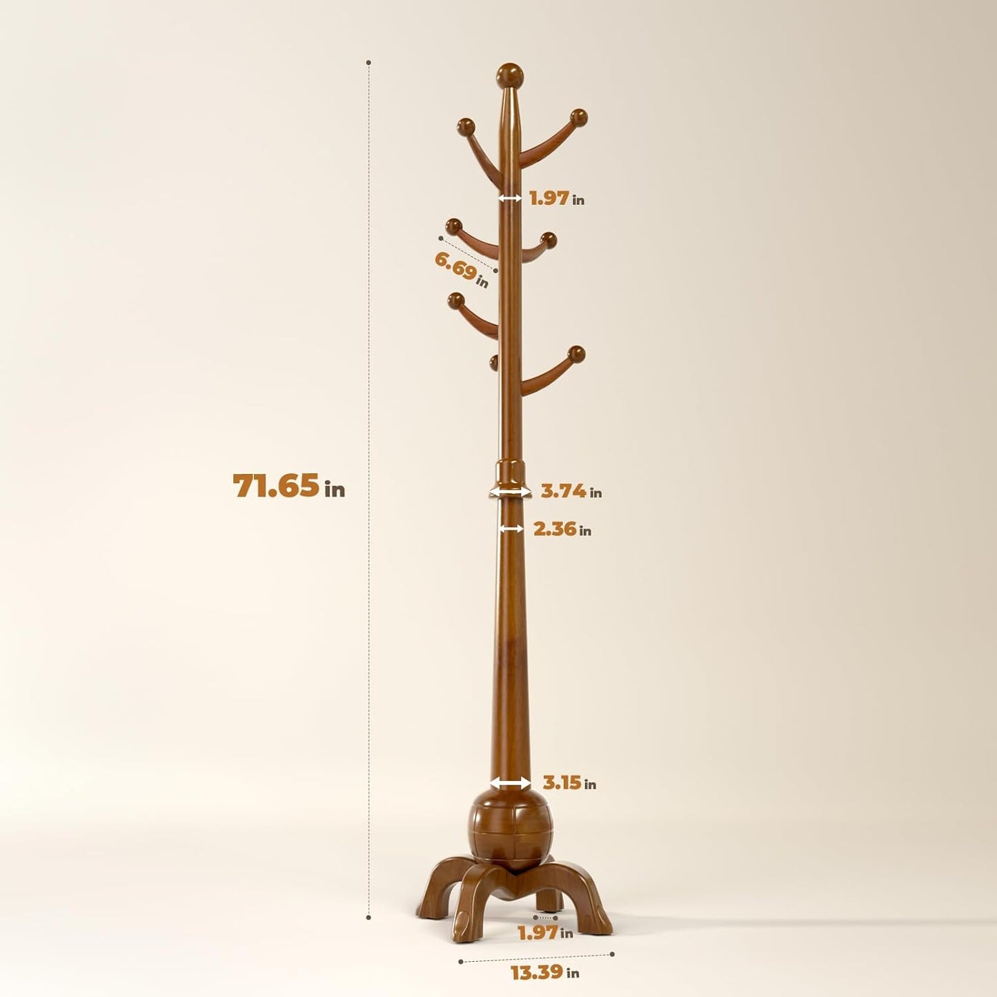 Wood Coat Rack Freestanding, Solid Wooden Hall Tree with 8 Hooks, Coat Tree Freestanding Heavy Duty with Stable Base, Entryway Hallway Bedroom Office Use, 240lbs Load Capacity H:71.6in (Natural) - Lumora Desk
