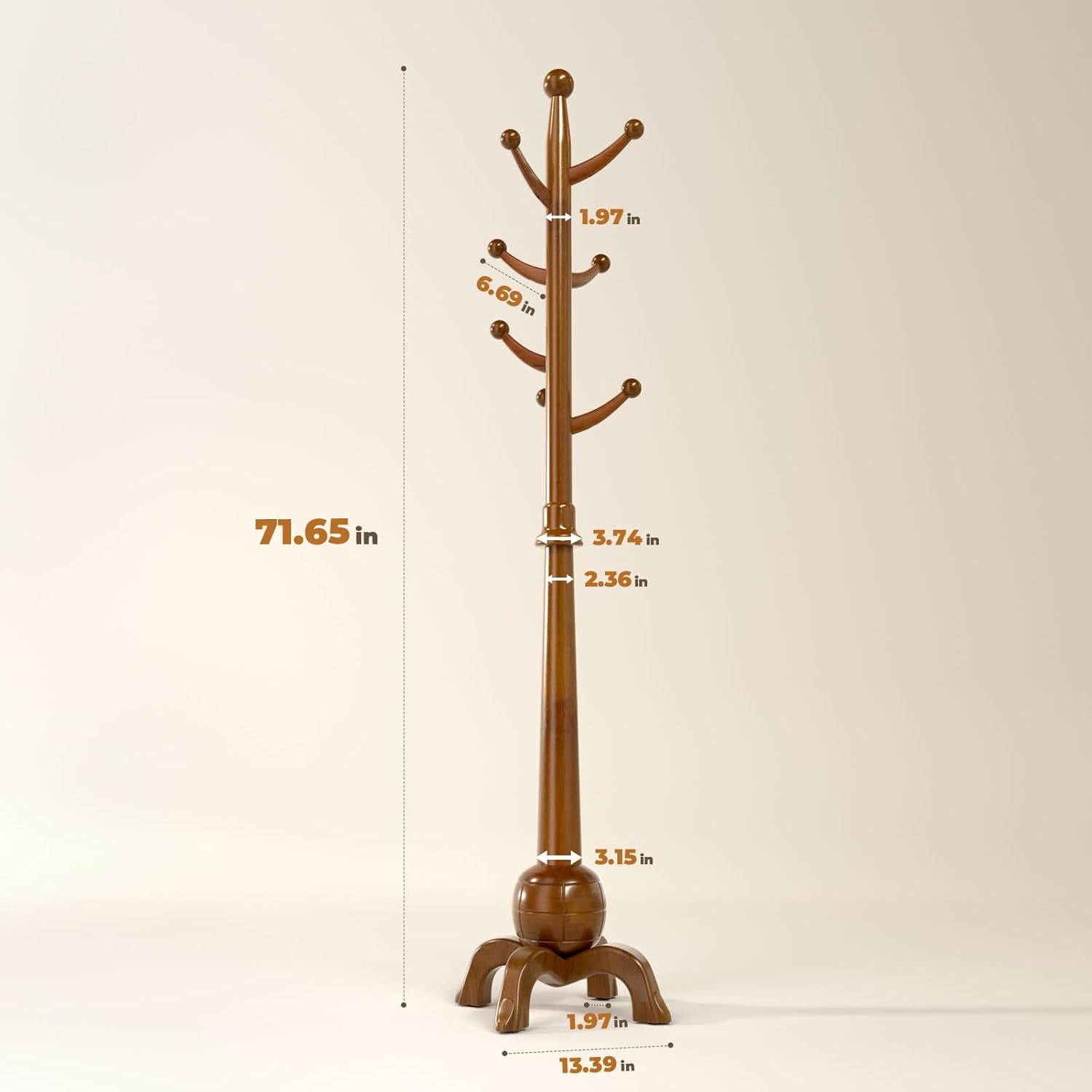 Wood Coat Rack Freestanding, Solid Wooden Hall Tree with 8 Hooks, Coat Tree Freestanding Heavy Duty with Stable Base, Entryway Hallway Bedroom Office Use, 240lbs Load Capacity H:71.6in (Natural) - Lumora Desk