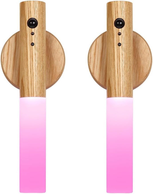 LANDGOO RGB Motion Sensor Night Light, Color Changing Atmosphere Lamp, Battery Powered Rechargeable LED Wood Wall Sconce for Home Party Lighting (RGB Ash Wood 2PCS)