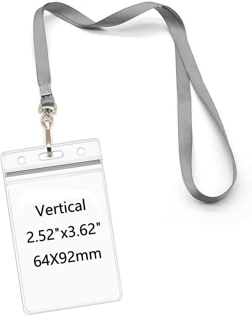 Lanyards with Id Holder Name Badges Waterproof Name tag Badge Holders with Neck Lanyard Swivel J-Hook Clip 50 Pack (Gray, Vertical)