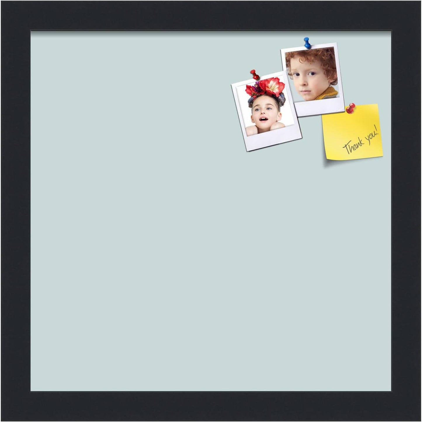 PinPix 12x12 Inch Cork Bulletin Board. This Decorative Framed Pin Board Comes with Soft Blue Design and a Satin Black Frame. Ideal for Home Office Decor or Message Board (PinPix-1814)