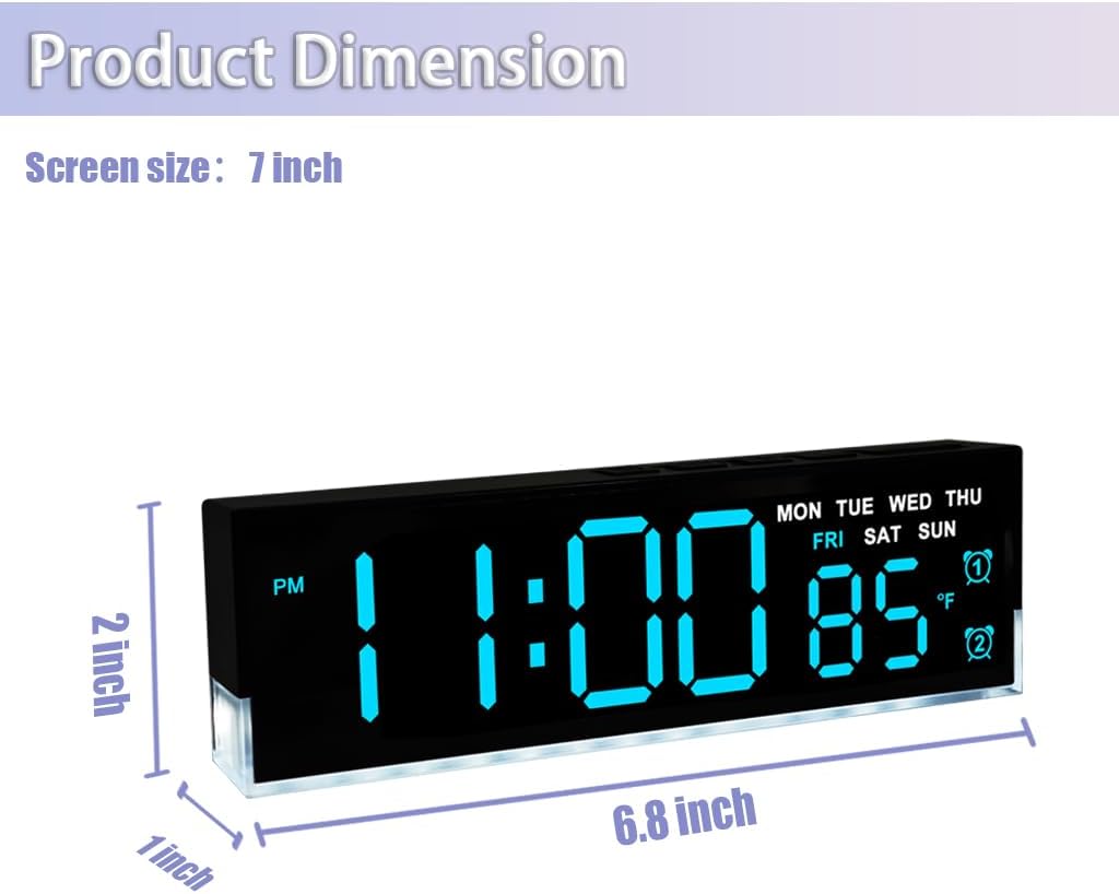 JENLYSTIME 7 Inch LED Digital Alarm Clock with Dual Alarms & Bottom Glow｜Displays Time, Date, Day, Temperature｜3-Level Auto/Manual Brightness, DST, USB or Battery Powered Modern Desk Clock (Blue)