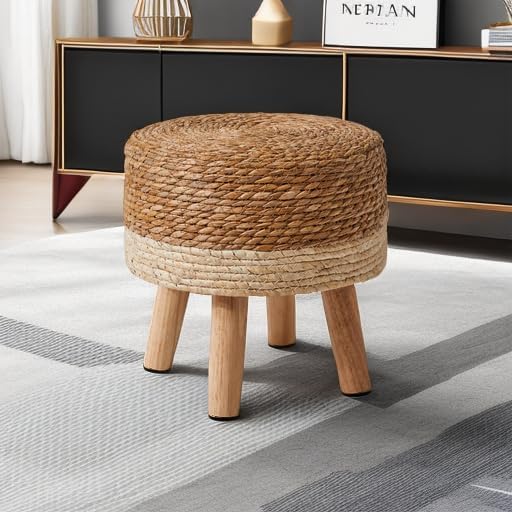 YMYNY Foot Stool,12.6" Round Small Ottoman, Natural+White, HBD027W | Natural Seagrass Hand Weave, Footrest, Non-Skid Wood Legs, Boho, For Living Room, Bedroom, Entryway,outdoor