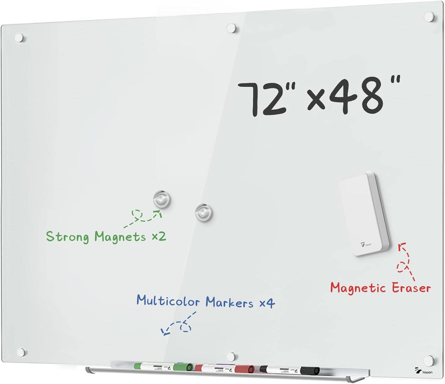 TOWON 6 x 4ft Glass Whiteboard Wall – Magnetic White Dry Erase Board (72 x 48 inches) with Multi-Color Markers, Strong Magnets, Pen Tray & Eraser – Frameless Design for Office, Home & Classroom - Lumora Desk