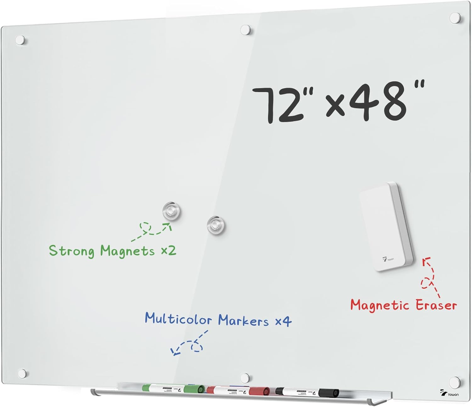 TOWON 6 x 4ft Glass Whiteboard Wall – Magnetic White Dry Erase Board (72 x 48 inches) with Multi-Color Markers, Strong Magnets, Pen Tray & Eraser – Frameless Design for Office, Home & Classroom - Lumora Desk