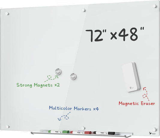 TOWON 6 x 4ft Glass Whiteboard Wall – Magnetic White Dry Erase Board (72 x 48 inches) with Multi-Color Markers, Strong Magnets, Pen Tray & Eraser – Frameless Design for Office, Home & Classroom - Lumora Desk