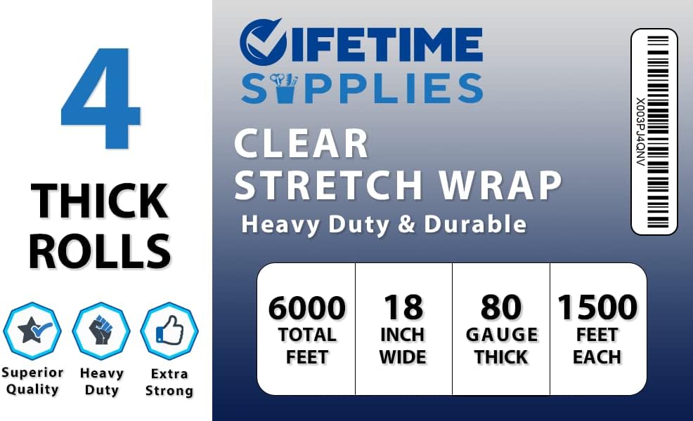 4 Rolls x 18" x 1500 Feet x 80 Gauge Clear Commercial Grade Heavy Duty Plastic Stretch Film Shrink Wrap | Industrial Strength Durable | Shipping Moving Packing Logistics | Holder Included