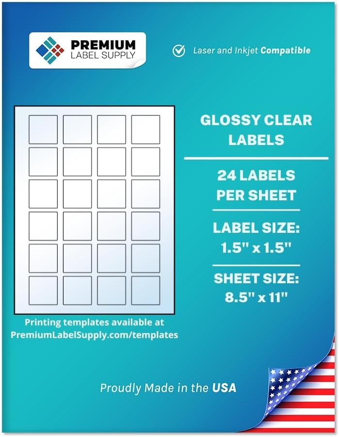 Premium Label Supply Glossy Clear Sticker Square Labels – 1.5" x 1.5" – Laser/Inkjet Compatible – (24 per Sheet), 10 Sheets – 240 Total Adhesive Labels