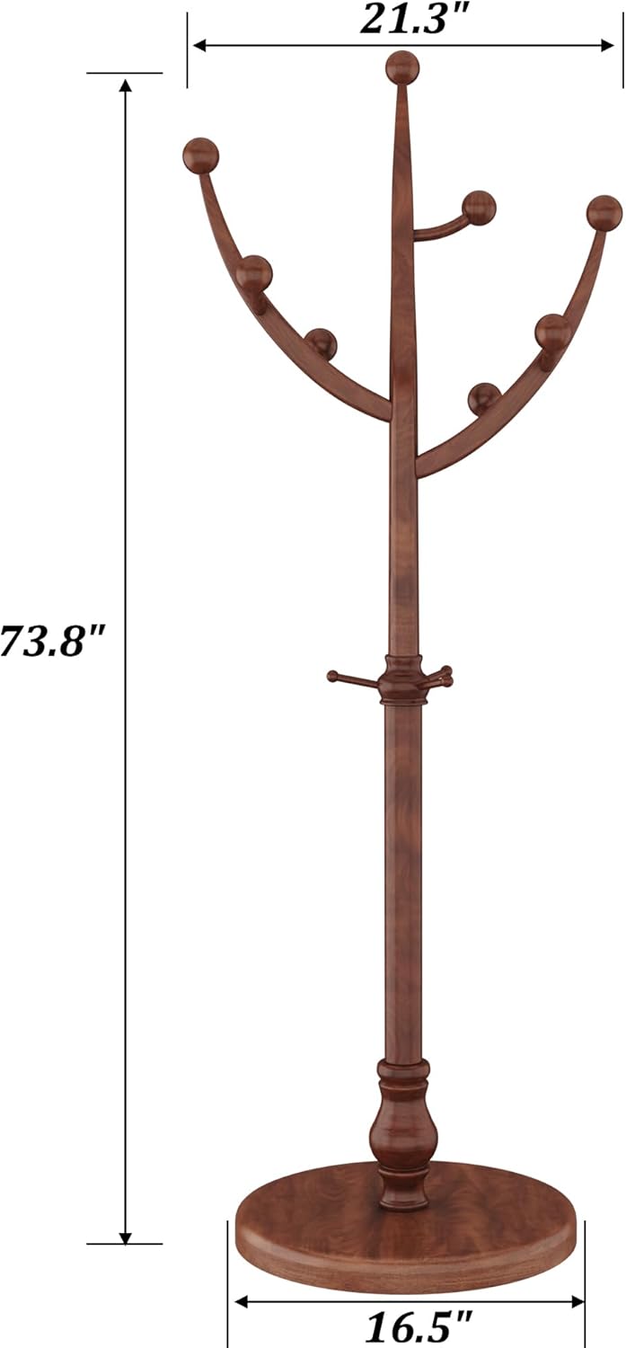 HOMEFORT Coat Rack Freestanding, Wooden Coat Tree Rack with 11 Hooks, Heavy Duty Wood Clothes Hanger with Sturdy Round Base, Vintage Coat Hat Stand for Entryway, Hallway, Bedroom,Walnut