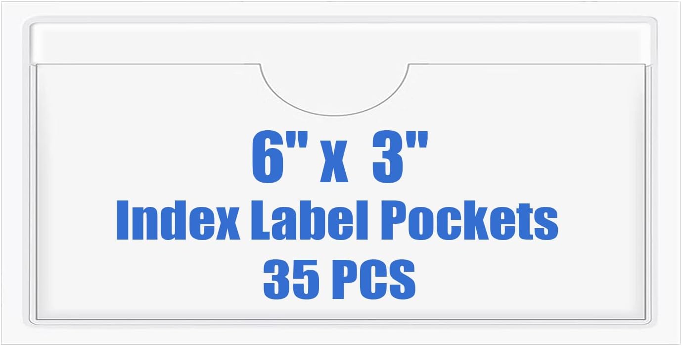 Origin-Joy 35 PCS Self Adhesive Index Card Pockets with Top Open, Clear Plastic Label Holder for Cards of Note, Library and Business, Adhesive Label Pockets & Card Holder (6 x 3 inch)