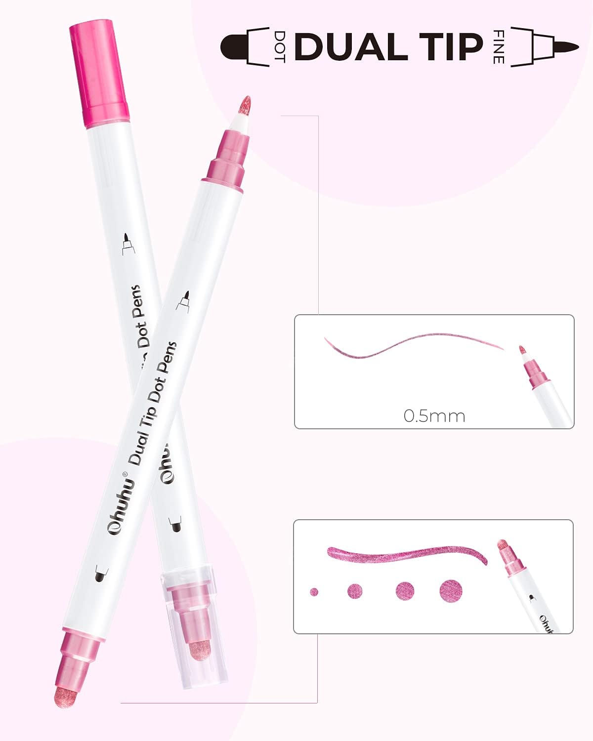 Ohuhu Dual Tip Dot Markers: 15 Colors Dot Marker Pens (Fine & Dot) for Kids Adults Water-Based Ink Metallic & Regular Colors Dot Pens for Journaling Scrapbooking DIY Highlighting Drawing Markers