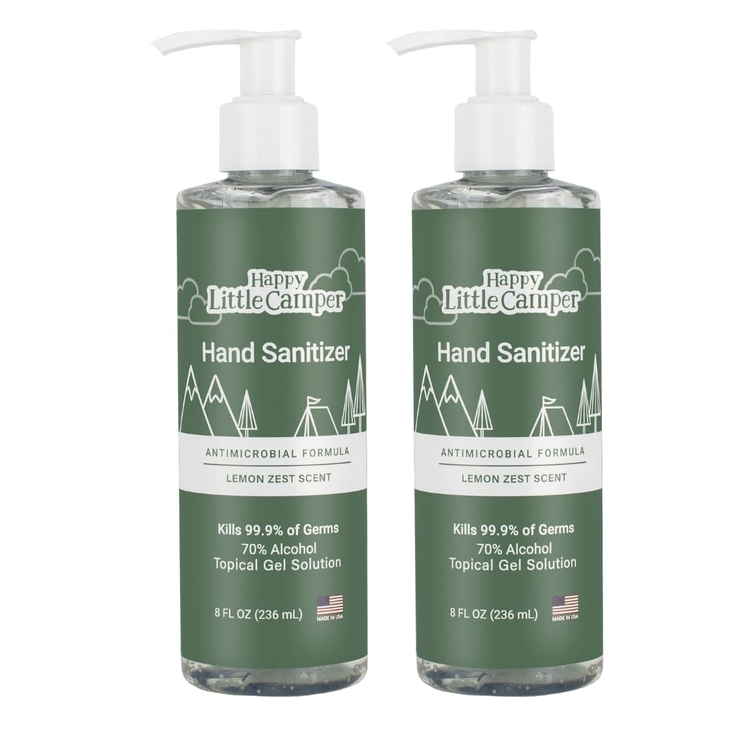 Happy Little Camper Hand Sanitizer with Lemon Zest Scent - Moisturizing Gel with Vitamin E & Antimicrobial Formula- Contains 70% Ethyl Alcohol - Travel Size, Made in USA - 2x 8oz bottles