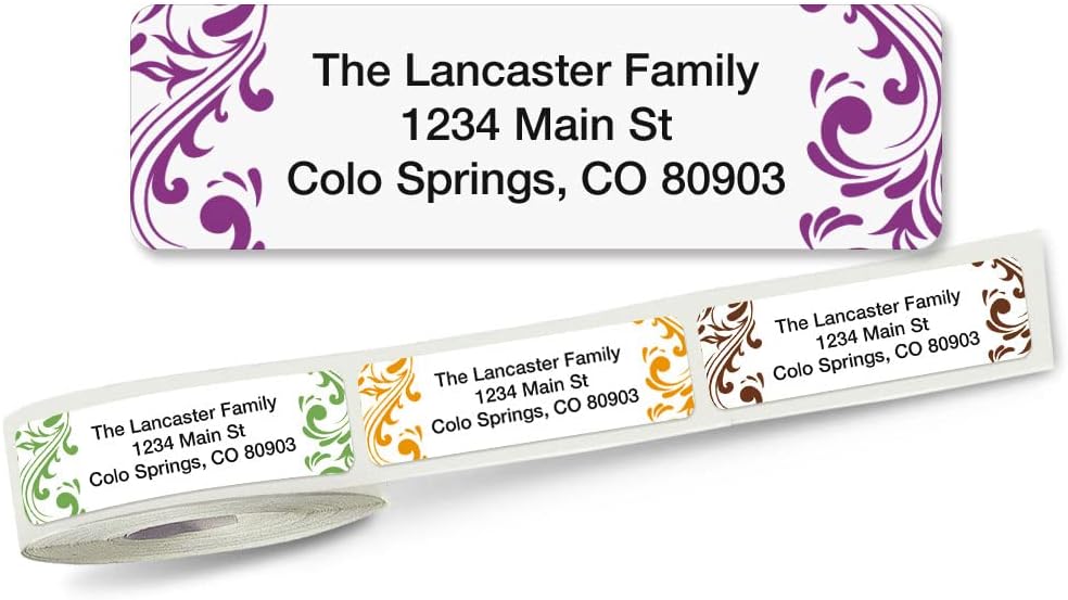 Colorful Images Elegant Swirl Rolled Personalized Return Address Mailing Labels with Dispenser, Customize with Name & Shipping Address, 250 ¾” x 2½” Self Adhesive, Easy Peel Label Roll - Lumora Desk