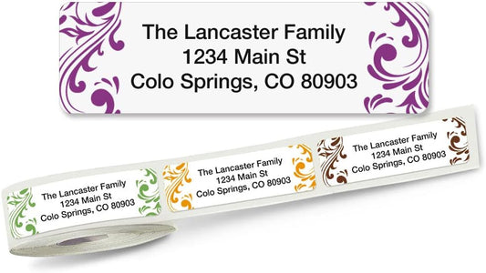 Colorful Images Elegant Swirl Rolled Personalized Return Address Mailing Labels with Dispenser, Customize with Name & Shipping Address, 500 ¾” x 2½” Self Adhesive, Easy Peel Label Roll - Lumora Desk