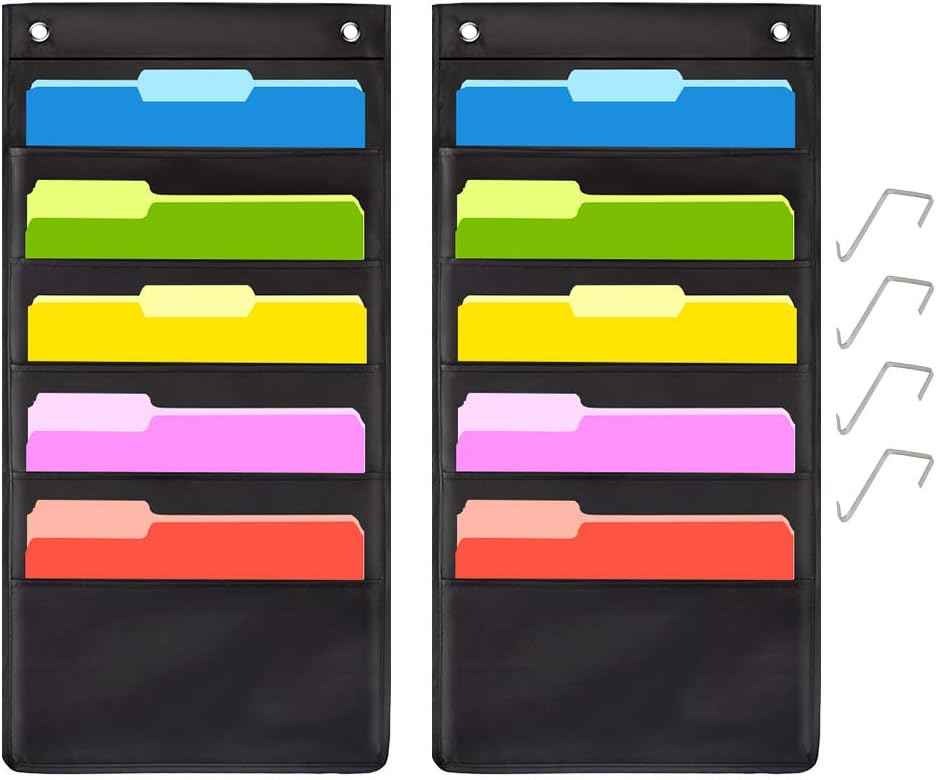 Hanging Wall File Folder Organizer Storage Pocket Chart with 5 Pocket for Assignments, Books, Files, Mails - 2 Pack (Black)