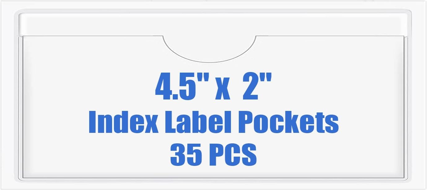 Origin-Joy 35 PCS Self Adhesive Index Card Pockets with Top Open, Clear Plastic Label Holder for Cards of Note, Library and Business, Adhesive Label Pockets & Card Holder (4.5 x 2 inch)