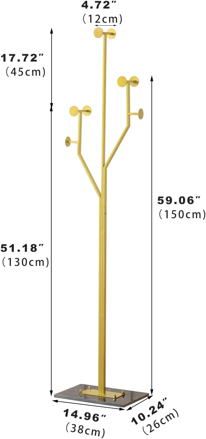 Heavy Duty Coat Rack Tree-shaped Metal Freestanding Coat Tree with Sturdy Marble Base Corner Coat Rack for Bedroom Entryway Hallway 14.96 x 10.24 x 68.9 Inches (Gold) - Lumora Desk