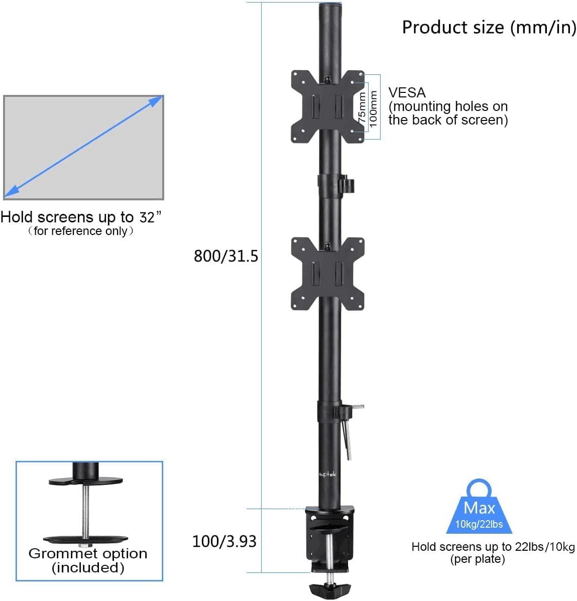 Suptek Dual LED LCD Monitor Stand up Desk Mount for 2 / Two Screens up to 32 inch Extra Tall 31.5" Pole Heavy Duty Fully Adjustable Stand Vertical Array (MD6802)