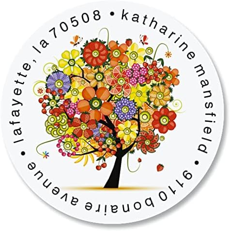 Colorful Images Blooming Tree Floral Return Address Mailing Labels, Personalize with Name & Address, Set of 144 Self Adhesive, Easy Peel Flat Label Sheets, Round, 1 Design - Lumora Desk