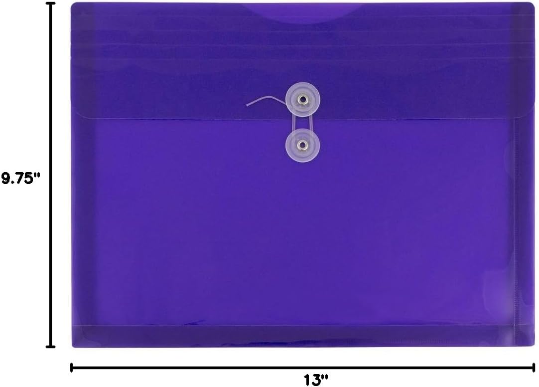 JAM PAPER Plastic Envelopes with Button & String Tie Closure - Letter Booklet - 9 3/4 x 13 - Purple - 12/Pack