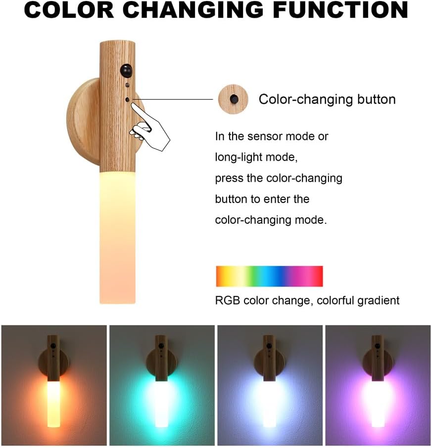 LANDGOO RGB Motion Sensor Night Light, Color Changing Atmosphere Lamp, Battery Powered Rechargeable LED Wood Wall Sconce for Home Party Lighting (RGB Ash Wood 2PCS)
