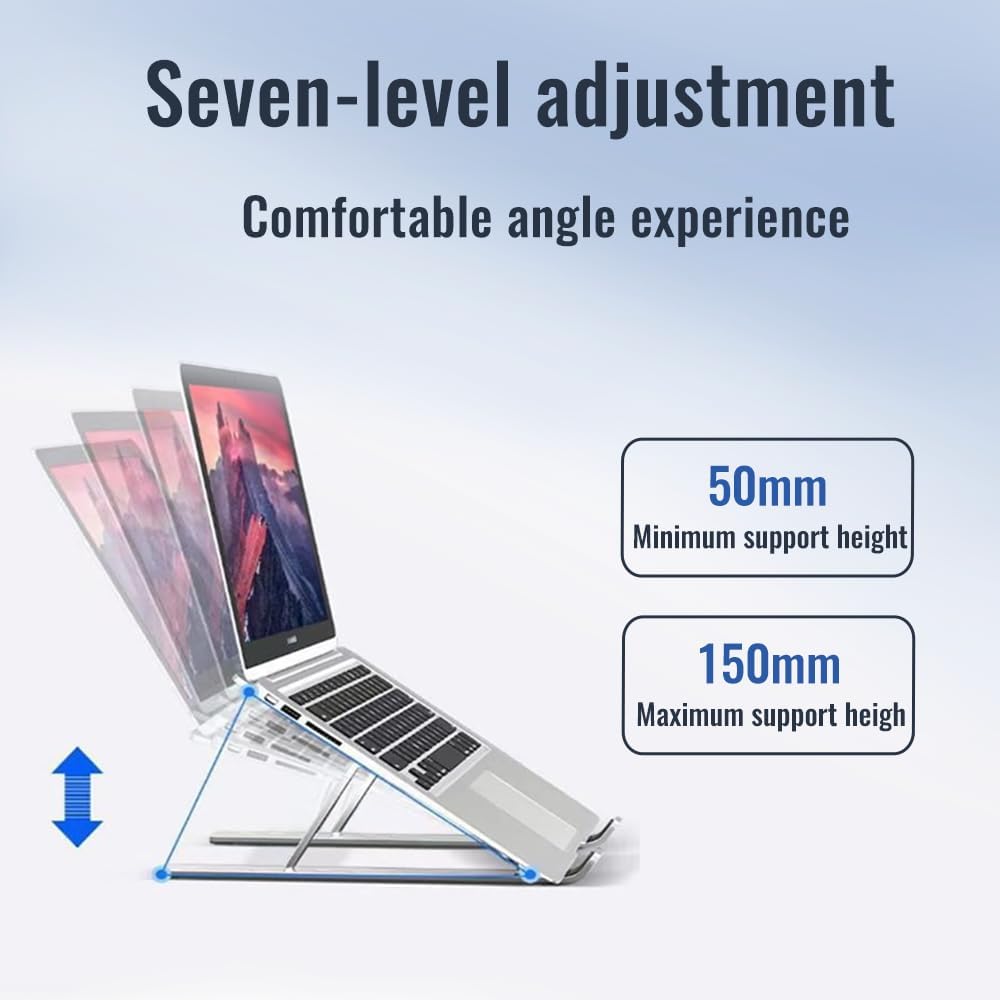 Desktop Laptop Stand, iPad Stand, Aluminum Alloy, Portable Foldable, 7 Level Adjustable, Ergonomic, Suitable for Laptops Up to 18 Inches, Easily Put it in Bag and use it Anywhere (1, Grey)