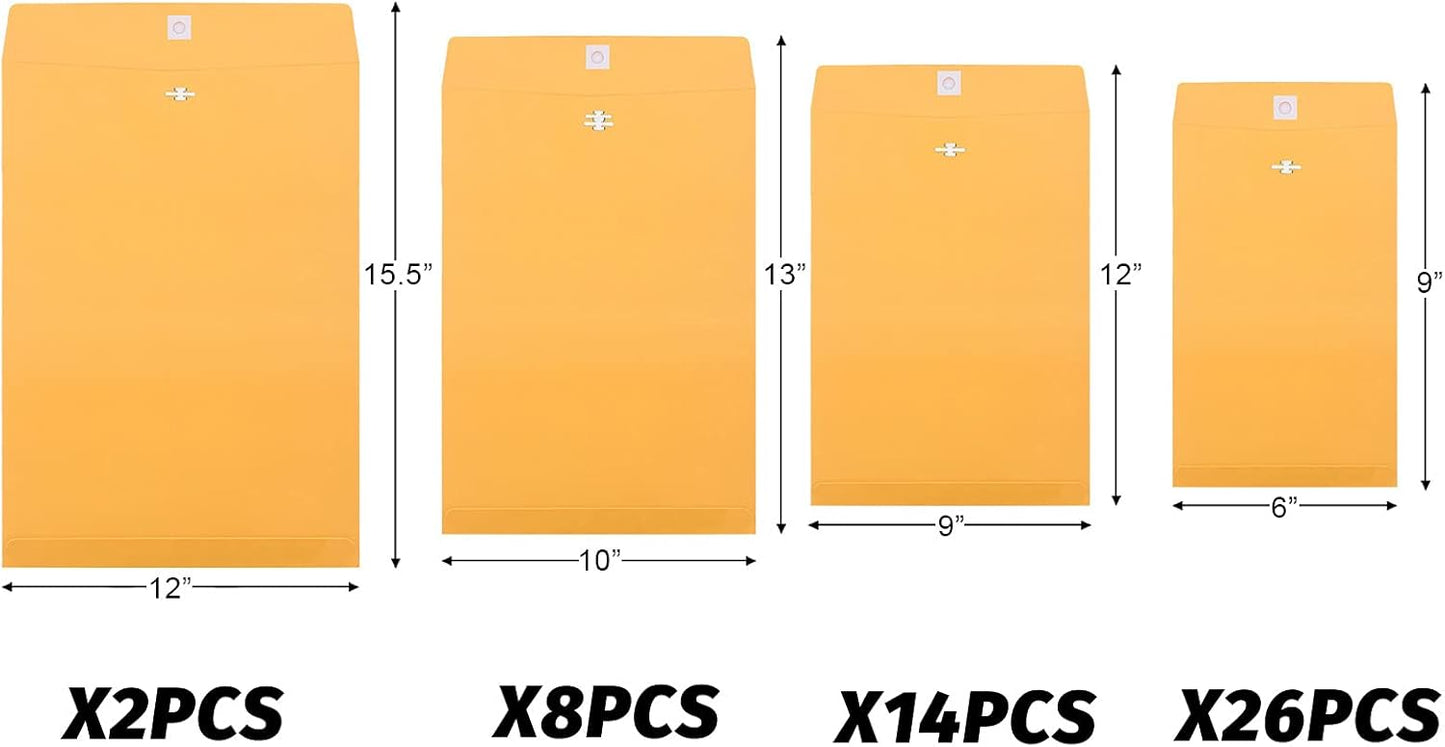 Frienda 4 Sizes Clasp Envelopes Kraft Paper Catalog Clasp Envelope with Closure for Filing, Storing or Mailing Documents, 50 Pieces(6 x 9 In, 9 x 12 In, 10 x 13 In, 12 x 15.5 In,Yellow) - Lumora Desk