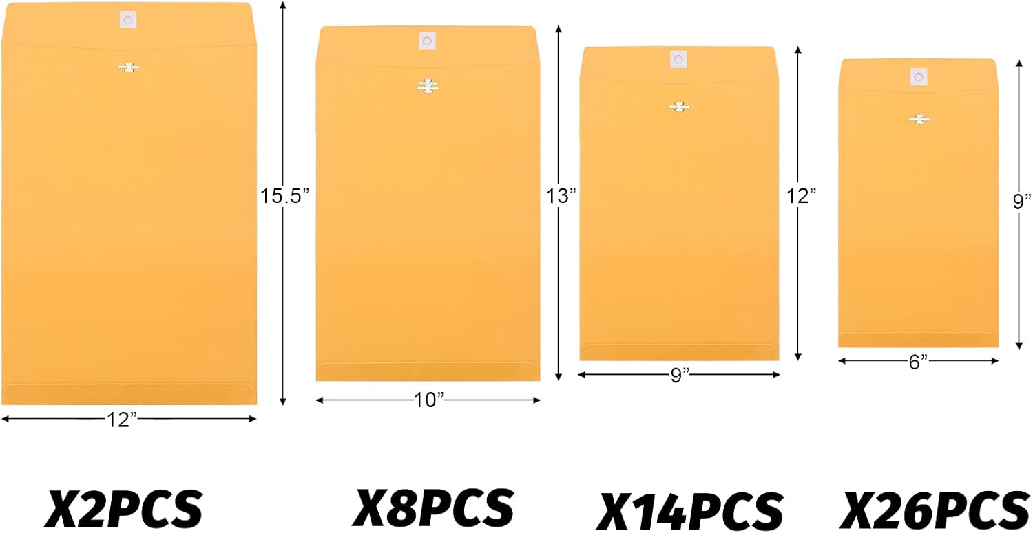 Frienda 4 Sizes Clasp Envelopes Kraft Paper Catalog Clasp Envelope with Closure for Filing, Storing or Mailing Documents, 50 Pieces(6 x 9 In, 9 x 12 In, 10 x 13 In, 12 x 15.5 In,Yellow) - Lumora Desk