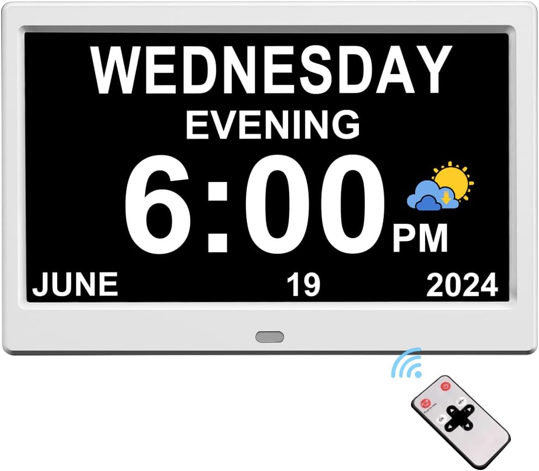 Extra Large Impaired Vision Digital Alarm Clock with Day and Time for Elderly Calendar Clock Auto Dimmable Clock (10.1 Inch White)