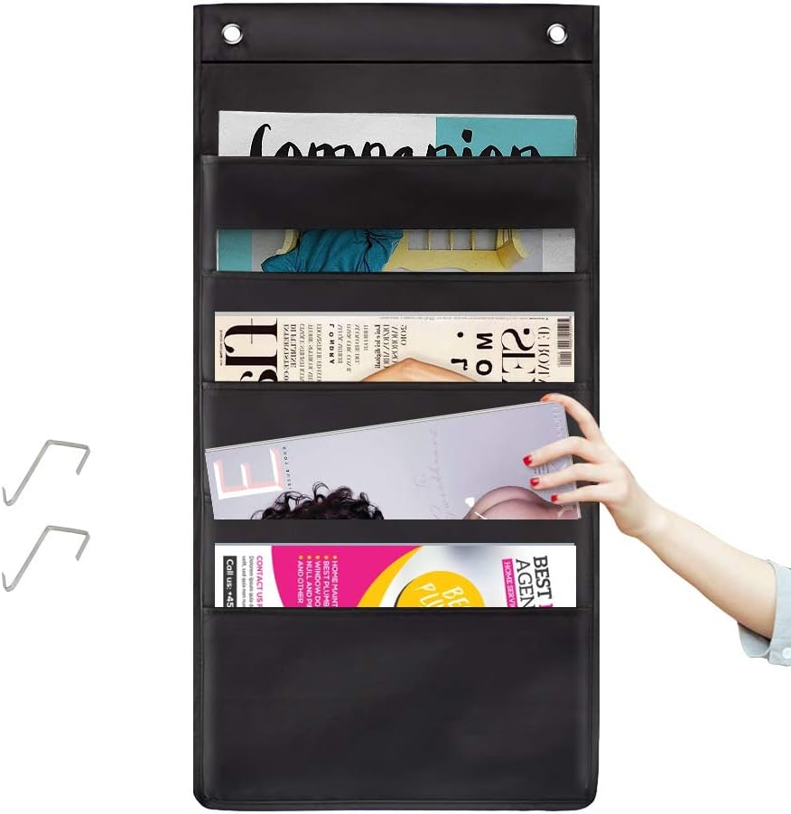 Hanging Wall File Folder Organizer Storage Pocket Chart with 5 Pocket for Assignments, Books, Files, Mails - 2 Pack (Black)