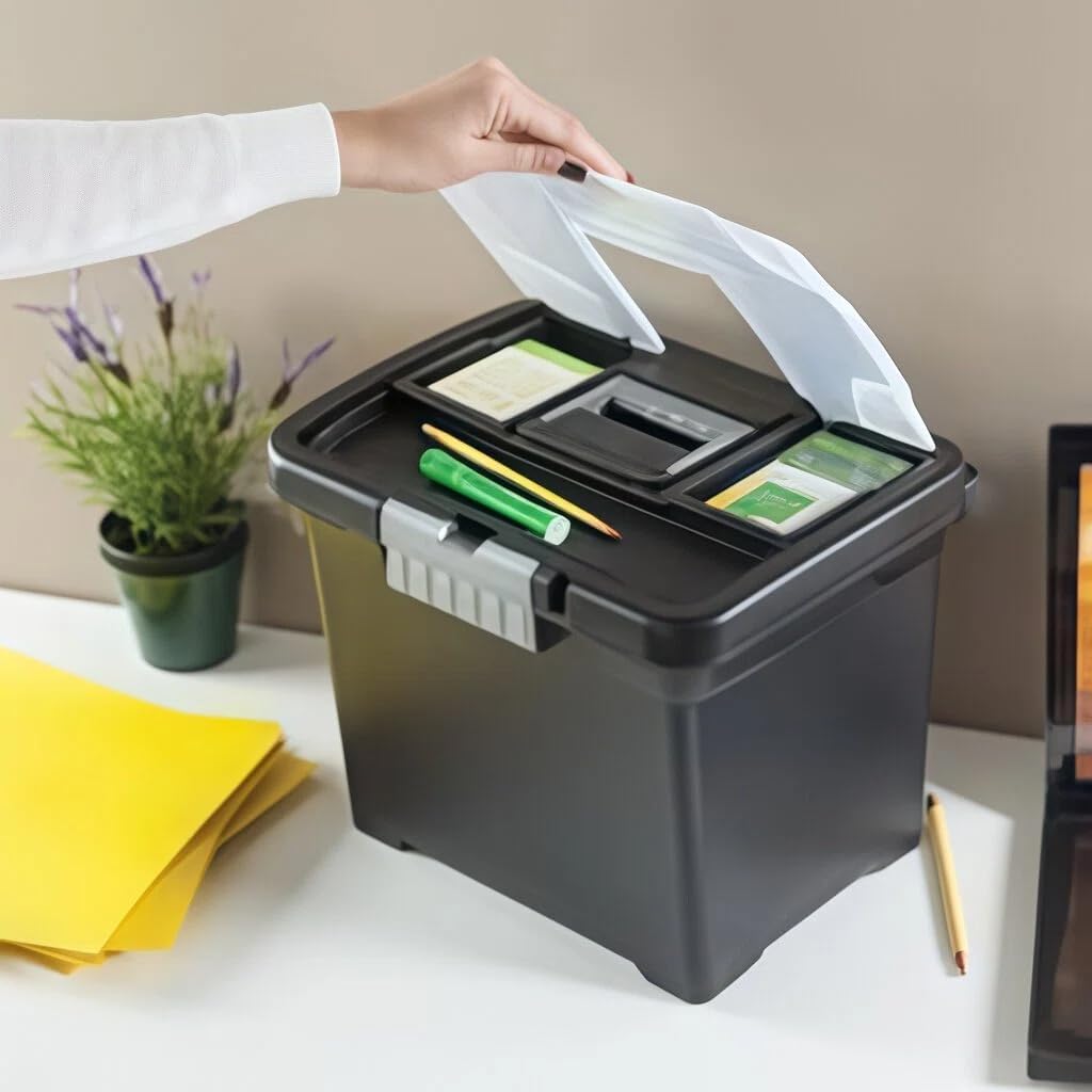 Portable File Storage Box with Handle, Stackable and Lockable Document Organizer, Plastic Filing Box for Home Office, Closet, 15 x 10.9 x 11.5 Inches, Black