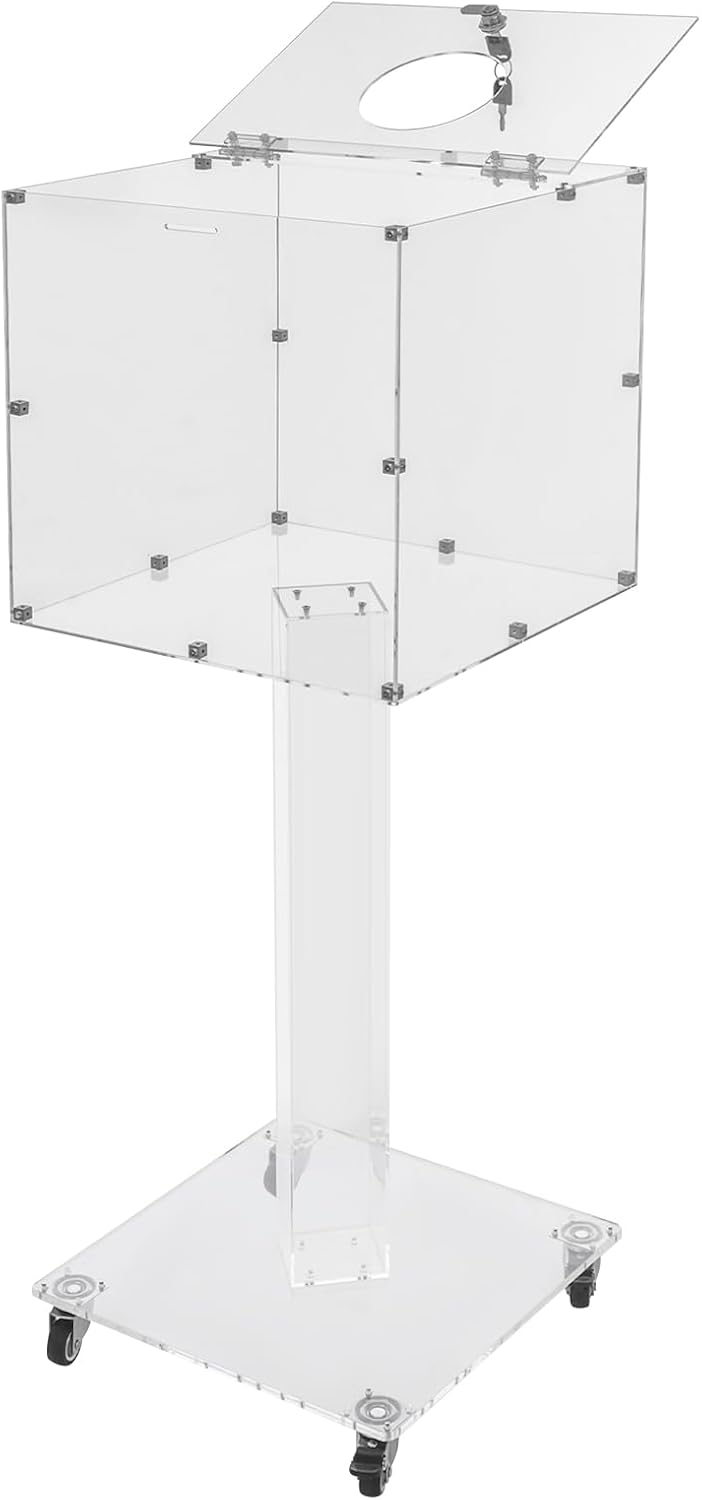 Acrylic Suggestion Box with Lock and Key for Office, Home, Event Donation with Stand for Charity Church Collection Offering/Raffle Ballot Box with Sign Holder Display Stand